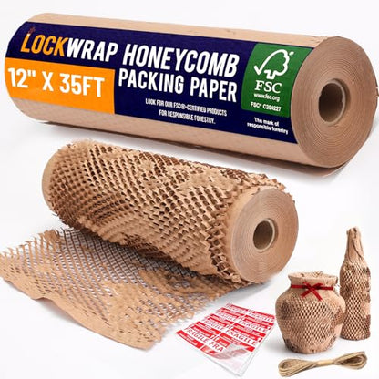 Honeycomb Packing Paper For Moving 12" x 35ft With Rope & Fragile Stickers - size: 12" x 35ft