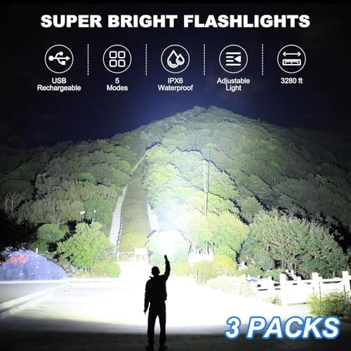 Kmivo Rechargeable Led Flashlight High Lumens - 990,000lm Bright Powerful Flash Light with 5 Modes, Waterproof Handheld Linterna for Home, Camping(3 Packs) - size: M-3P