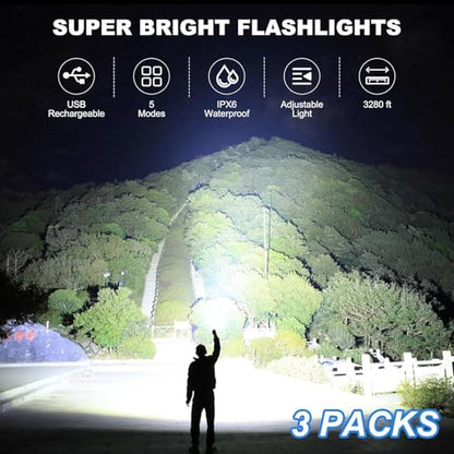 Kmivo Rechargeable Led Flashlight High Lumens - 990,000lm Bright Powerful Flash Light with 5 Modes, Waterproof Handheld Linterna for Home, Camping(3 Packs) - size: M-3P