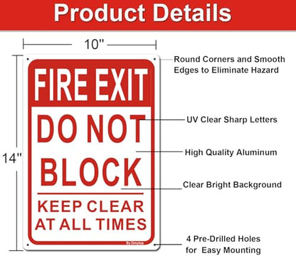 Large Fire Exit Sign, Do Not Block Door Signs, Keep Clear at All Times Sign, 14 x 10 Inches Rust Free Aluminum, Weather/Fade Resistant Easy Mounting 2 Pack - style: 14 " x 10 "