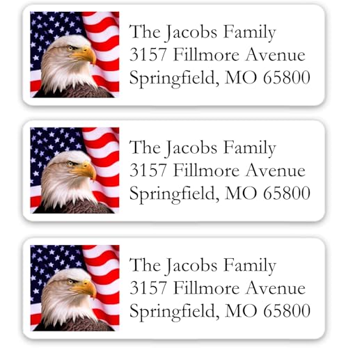 Return Address Labels American USA Flag & Eagle - Custom Mailing Return Address Labels/Stickers for Envelopes, Easy Peel and Stick, Permanent Rectangle Labels (White) Made in The USA (Set of 90)