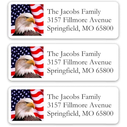 Return Address Labels American USA Flag & Eagle - Custom Mailing Return Address Labels/Stickers for Envelopes, Easy Peel and Stick, Permanent Rectangle Labels (White) Made in The USA (Set of 90)