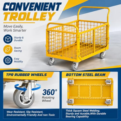 Platform Truck with Cage,5-in-1 Collapsible Heavy-Duty Push Cart Dolly Load 1800 LB,Large Flatbed Hand Truck for Grocery/Laundry/Stall/Storage - color: Yellow