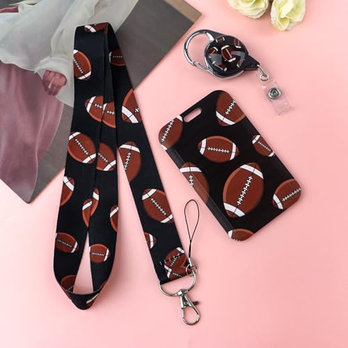 Rugby Football Lanyards for ID Badges, Black Card Holder with Heavy Duty Retractable Badge Clip and Silky Lanyard, Sport Style Keychain Lanyard for Kids, Boys, Men - color: Rugby