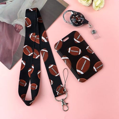 Rugby Football Lanyards for ID Badges, Black Card Holder with Heavy Duty Retractable Badge Clip and Silky Lanyard, Sport Style Keychain Lanyard for Kids, Boys, Men - color: Rugby
