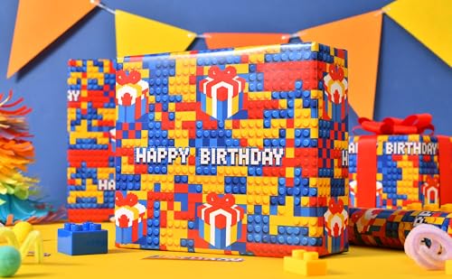 Sikiweiter Building Block Birthday Wrapping Paper Roll, 17 Inches x 16.5 Feet, Colorful Brick Pattern Gift Wrap with Happy Birthday Text and Present Box Design for Kids Birthday Party, Boys Girls Gifts, Party Supplies(Building Bricks Birthday) - color: Bu