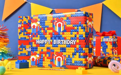 Sikiweiter Building Block Birthday Wrapping Paper Roll, 17 Inches x 16.5 Feet, Colorful Brick Pattern Gift Wrap with Happy Birthday Text and Present Box Design for Kids Birthday Party, Boys Girls Gifts, Party Supplies(Building Bricks Birthday) - color: Bu