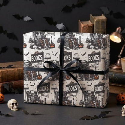 WRAPAHOLIC Kraft Halloween Skeleton Reading Wrapping Paper Roll - Mini Roll - 17 Inch x 16.5 Feet - Vintage Gothic Kraft Wrapping Paper for Halloween, Party, Birthday, Holiday