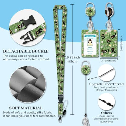 Hancynir Black Cat Flower Lanyards for Id Badges with Retractable Reel Clip - color: Floral Cat