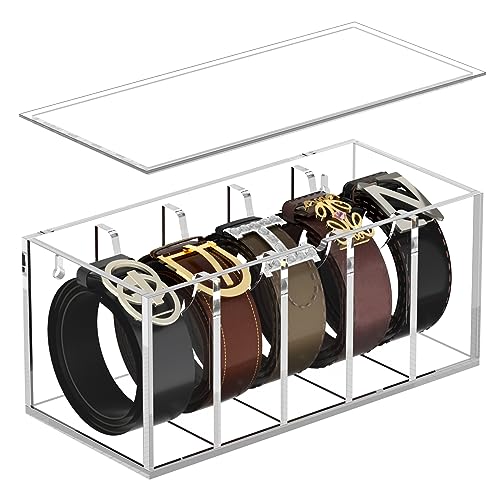 FEMELI Acrylic Belt Organizers for Closet 5-Slots Belt box with Dust Cover - size: 5 Compartments with Lid