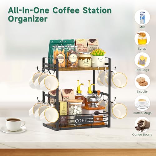 EsLuker.ly Coffee Mug Cup Holder Tree Bar Station Organizer, 2 Tier - color: Antique Brown + Black
