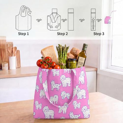 Stelle Lightweight Reusable Grocery Bag with Handles Ripstop Nylon Foldable Tote Shopping Bags for Travel and Groceries - color: Charlie Pals | Pink