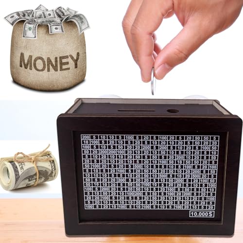Money Saving Box Piggy Bank, Cash Coin Retro Money Savings Box with Counter for Savings Goal with Dry Erase Pen, Cash Vault Wooden Challenge Box for Boys and Girls ($10000, Brown) - color: Brown