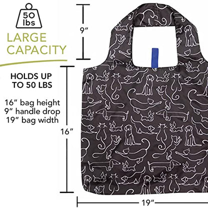 rockflowerpaper Reusable Grocery Bags - Washable, Foldable, Packable Tote, Large Handles, Heavy Duty, Zippered Top Pouch - color: Dog and Cat