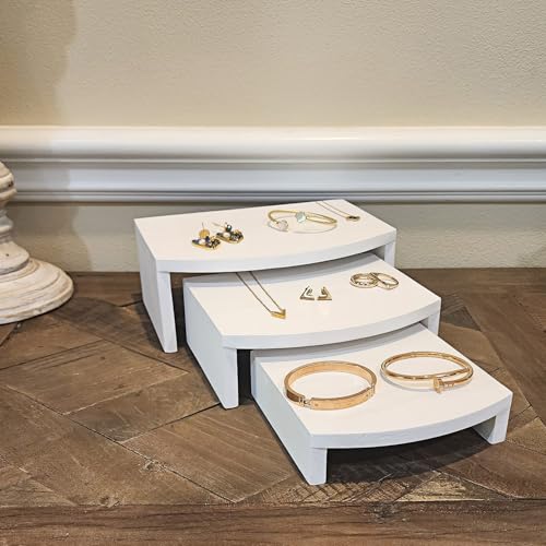MOOCA 3-Piece Wood Hexagon Jewelry Display Stand Risers for Accessories - color: White