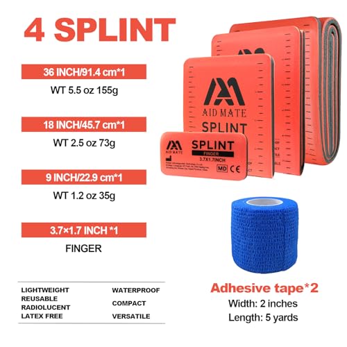 First Aid Splint Kit – 4 Reusable Malleable Splints (36"/18"/9"/4") + 2 Medical Tapes + Storage Pouch, Emergency Fracture Stabilization for Camping Hiking, Arm Leg Wrist Ankle Finger, EMT - style: 4 splint kit