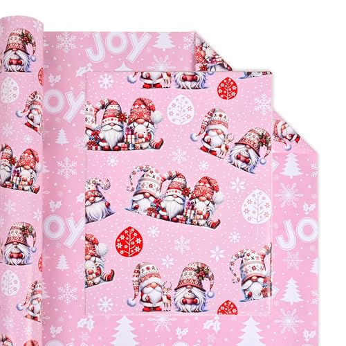 Dtiafu Reversible Gnome Wrapping Paper Roll Red Gnome and Joy Lettering Design Gift Wrap Sheets for Holiday Winter Party Packing Supplies - Total 28.5sq.ft - color: Pink Gnome