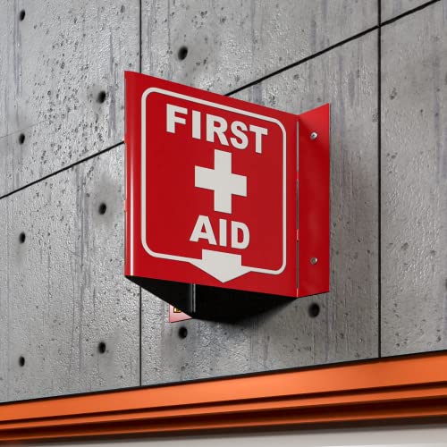 Stay Safe with our OSHA Compliant Folded Projecting First Aid Sign - 5"x7", 1mm Aluminum, Essential Workplace Safety Warning - color: First Aid