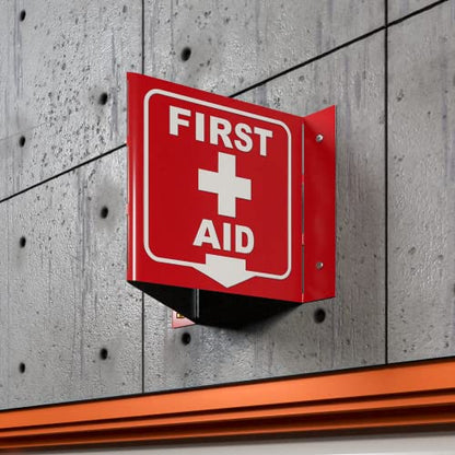 Stay Safe with our OSHA Compliant Folded Projecting First Aid Sign - 5"x7", 1mm Aluminum, Essential Workplace Safety Warning - color: First Aid