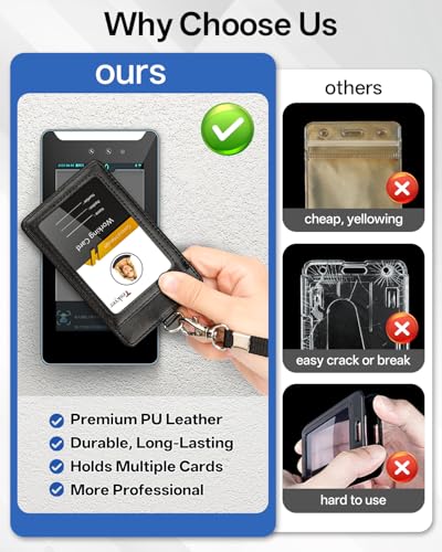 Teskyer Leather ID Badge Holder with Lanyard, Vertical Black - color: Black, size: Vertical