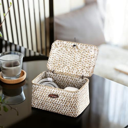 Hipiwe Wicker Shelf Basket Box Mini Seagrass Baskets with Lid,6.1"x4"x3.3" - color: Whitewash color, size: 6.1" x 4" x 3.3"