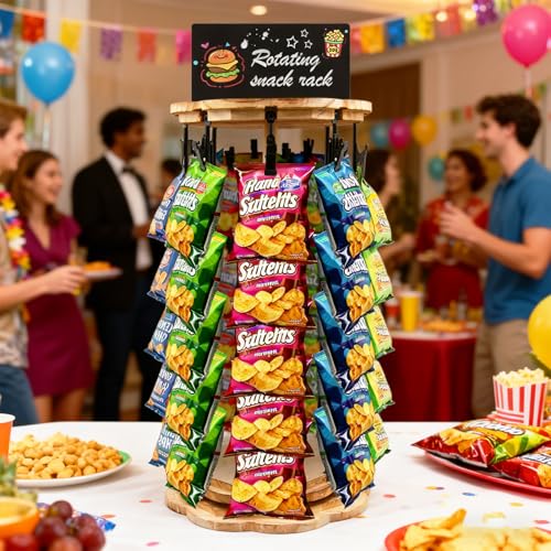 Chip Rack Display Stand 5 Tiers 40 Clips Snack Organizer With Message Board Rotating Potato Chip Rack Display Stand with Wooden Base Chip Holder for Party Retail Concession Countertop