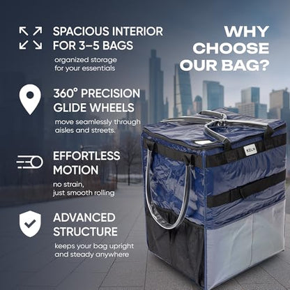 KELN Rolling Tote Bag with Wheels – Heavy Duty Grocery Cart, Laundry Cart & Foldable Utility Cart, Collapsible Shopping Cart – Waterproof Zipper, Holds 76 lbs – Blue, 23.5"x15.5"x26" - color: Blue