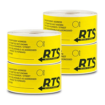 RTS Return to Sender Sticker, Yellow, 4 x 1.5 inch, 1200 Labels - size: 4PK