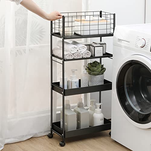 KINGRACK 4 Tier Slim Rolling Cart, Metal Utility Storage Cart with Wheels - color: Black, size: 4-Tier