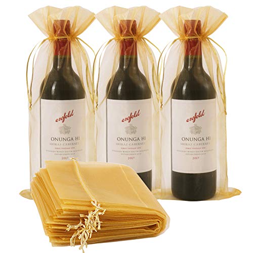 Shintop Organza Wine Bags 750ML, 14 1/3 x 6 1/3 inches Wine Bottle Gift Bags with Drawstring for Wedding Birthday Party Festival Gift Favors (Gold, 30pcs) - color: gold