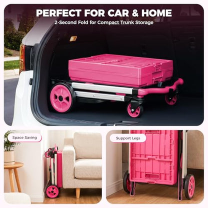 Collapsible Shopping Cart with Wheels, Foldable Platform Hand Truck (Pink) - color: Pink