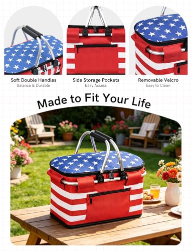 26L Insulated Picnic Basket,Collapsible Leak-Proof Bag,Star Pattern - color: Stars Pattern, size: 26L
