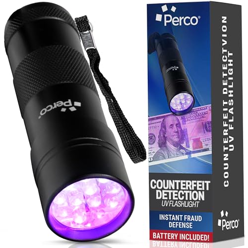 Perco Counterfeit Flashlight - Portable & Reliable Device with UV Light Detection - Fake US Bill Checker for Personal & Commercial Use - Ensures Authenticity & Prevents Fraud