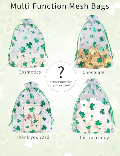 Jexila 50PCS St.Patrick's Day Organza Gift Bags Shamrock Clover Drawstring Goodie Treat Bag St.Patrick's Party Favors for Kids Classroom - color: Green