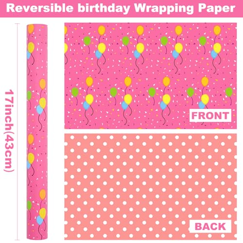 Ulmasinn Reversible Birthday Wrapping Paper Roll - 17" x 16.4 Ft, Double Sided Balloon & Polka Dot for Kids Gifts, Baby Shower, Party - color: Balloon & Pink Birthday