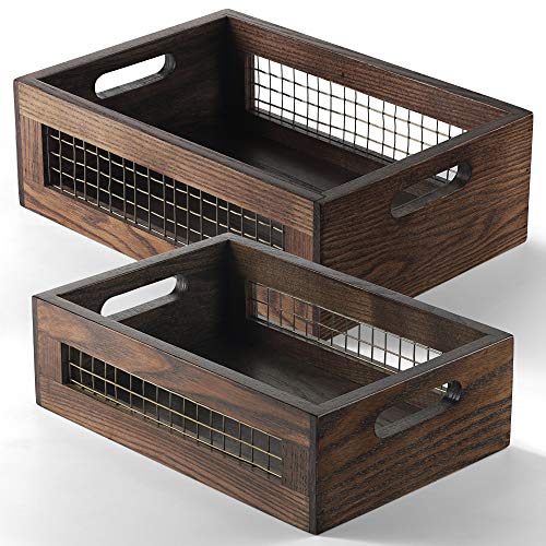 Set of 2 Wooden Countertop Baskets with Sturdy Wire Mesh & Handles - color: Walnut