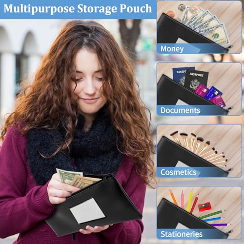 2 Pack PU Leather Bank Money Bags with Zipper & Label, Navy Blue, Black - color: Black