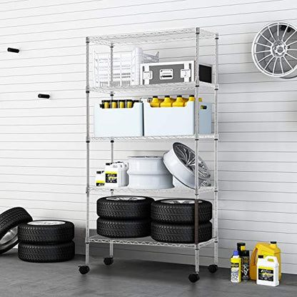 FDW | 5-Tier Wire Shelf with Wheels | 30" x 14" x 60" | Chrome - color: Chrome, size: 30×14×60