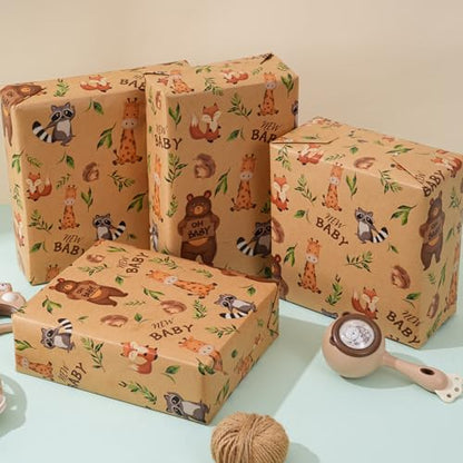 ZINTBIAL Kraft Baby Shower Wrapping Paper Roll - Unisex Baby Showers & Kids Birthdays Gift Wrap Paper - 17 Inch x 33 Feet - Cute Animal Design with Cut Lines, Newborn Theme Party for Boy or Girl - color: Baby Shower-Brown