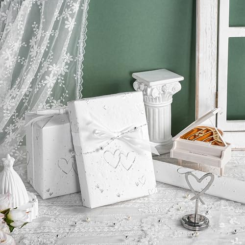 LeZakaa Wedding Kraft Wrapping Paper Roll, Doves Flowers 3D Embossed & Silver Foil Hearts Design Party Gift Wrap for Wedding Bridal Shower Anniversary Mothers Day Birthday,Mini Roll,17 In x 16.4 Ft - color: Silver hearts, size: 17 in x 16.4 ft