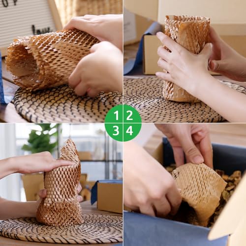 Honeycomb Packing Paper PINENUTS 15" x 131' Eco Friendly Packing for Moving Recyclable Honeycomb Paper Bubble Wrapping with 30 Fragile Sticker Labels and 66fthemp rope (Brown) - color: Brown