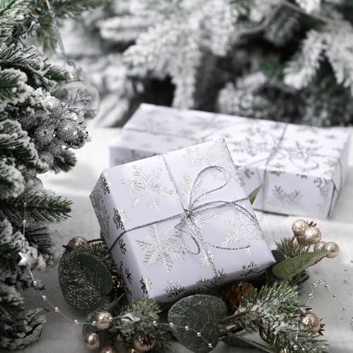 WRAPAHOLIC 3D Kraft Christmas Wrapping Paper Roll - Mini Roll - 17 Inch x 16.5 Feet - Silver and White Snowflake Wrapping Paper with Embossed Perfect for Christmas, Holiday, Party Celebration - color: Christmas Snowflakes - White & Silver, size: 17 inch x
