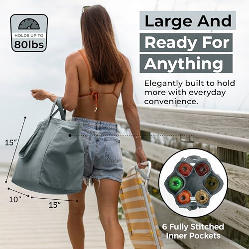 VeraMia Canvas Grocery Bag 3pc XL Set with Real Pockets, Long Shoulder Strap and Short Handle. Heavy Duty, Foldable, Washable - color: Caribbean