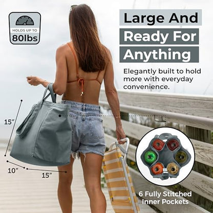 VeraMia Canvas Grocery Bag 3pc XL Set with Real Pockets, Long Shoulder Strap and Short Handle. Heavy Duty, Foldable, Washable - color: Caribbean