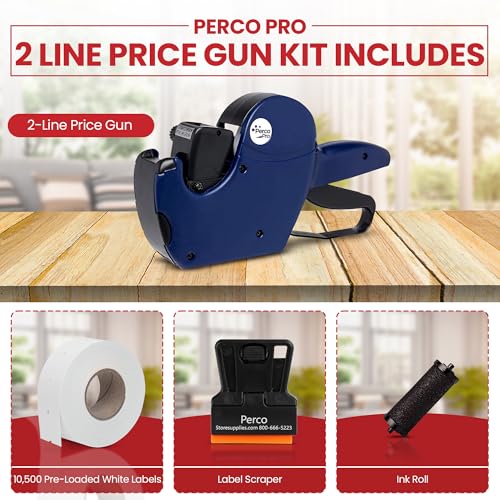 Perco Pro 2 Line Price Gun Labeler Kit - Includes 2 Line Pricing Gun, 10,500 Plain White Labels, and Preloaded Inker - style: 2 Line Price Gun Kit
