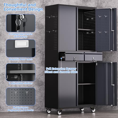 71" Metal Garage Storage Cabinet with 2 Drawers and Wheels - color: Black-dark Gray, size: 16"D x 30"W x 71"H