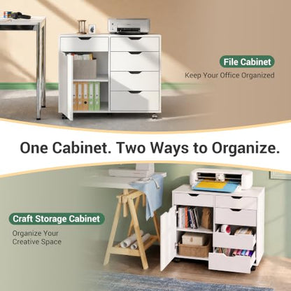 DEVAISE 5-Drawer Wood Office Cabinet, Craft Storage Cabinet, White - color: White - 3 Medium + 2 Small