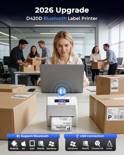 Phomemo Thermal Label Printer with Touchable Screen, 4x6 Bluetooth Shipping Label Printer with Built-in Label Holder, D420D White Thermal Printers for Small Business, Compatible with USPS, Tiktok - color: White