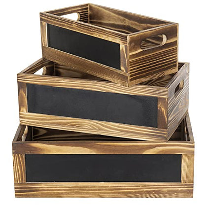 MyGift Rustic Burnt Wood Nesting Storage Bins with Chalkboard Panel and Cutout Handles, Decorative Farmhouse Wooden Stackable Open Top Boxes, 3 Piece Set