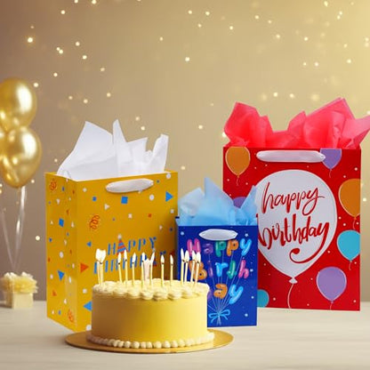 Nihuecne 8 Pack Birthday Gift Bags Assorted Sizes with Tissue Paper